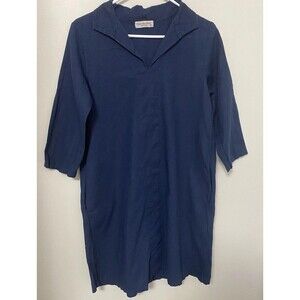 TERZO MILLENNIO Italy Navy Linen Blend Long Sleeve Collared Midi Dress M